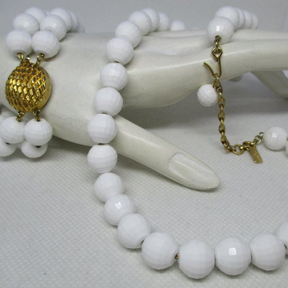 MONET Strung On Gold Tone Chains Faceted Lucite White Beaded Necklace Bracelet - Picture 3 of 11